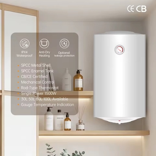 LVD Certified 1500W 50L Bottom Temperature Control Wall Mounted Metal Shell Storage Electric Water Heater for Home Hotel Use