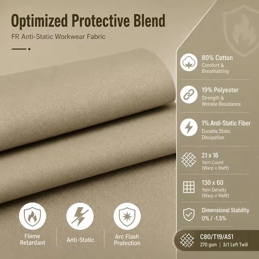 Flame Retardant Woven 270gsm Heavyweight Polyester Cotton Twill Fabric Textile Oilfield Chemical Workwear Multi-Purpose Uniform