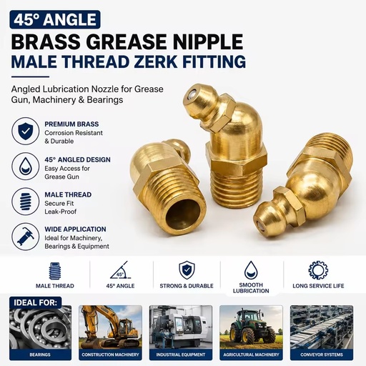 45 Degree Brass Male Thread Grease Nipple Angled Zerk Fitting for Grease Gun Bearing Industrial Machinery Lubrication Parts