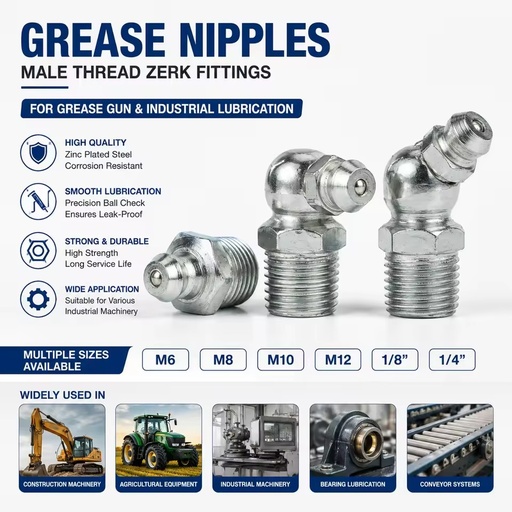Wholesale M6 M8 M10 M12 1/8 1/4 Zinc Plated Steel Grease Nipples Male Thread Zerk Fittings Industrial Lubrication Supplier
