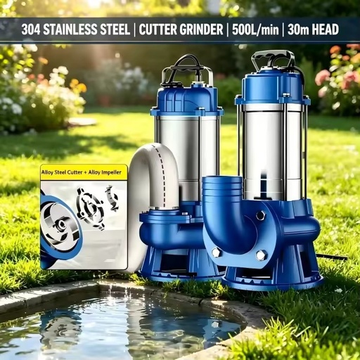 Industrial Submersible Sewage Cutter Pump 1HP 304 SS | 500L/min 30m Head | Slurry & Grinder Drainage 220V