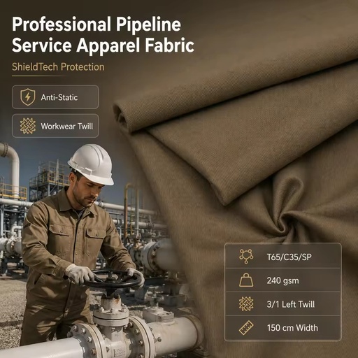 Pipeline Service Apparel Fabric, 240gsm Anti-Static Polyester Cotton Twill Textile for Durable Industrial Workwear Uniforms