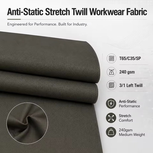 Anti Static Stretch Twill Fabric T65/C35/SP Woven 240gsm for Electronics ESD Workwear Uniforms Use