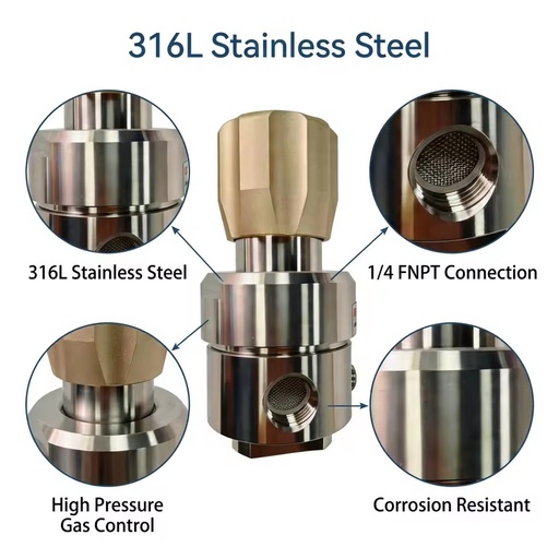 316L Stainless Steel High Pressure Valve 1/4 FNPT Gas Pressure Regulator for Chemical Gas Control Gas Pressure Regulator