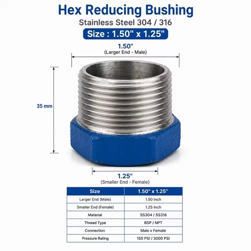 1-1/2 X 1-1/4 Stainless Steel Hex Reducing Bushing NPT Male X Female Thread High Pressure Corrosion Resistant Painting Pipe