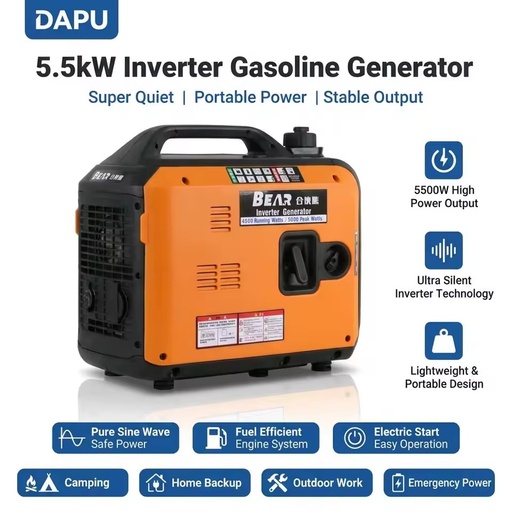 5.5kW Inverter Generator 5500W Silent Portable Gasoline Generator Pure Sine Wave Petrol Power Station for RV Audio