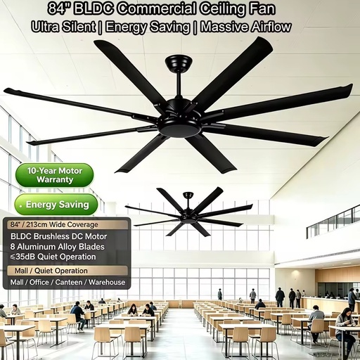 84 Inch HVLS Industrial Ceiling Fan, DC BLDC Motor, Ultra Silent, Energy Saving, 8 Blade for Warehouse, Gym, Mall
