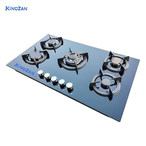 Kingzan 900MM 5 Burner Gas Stove Independent Cast Iron Rack High-End Tempered Glass Cooker Hotel Use Energy-Saving Class A++