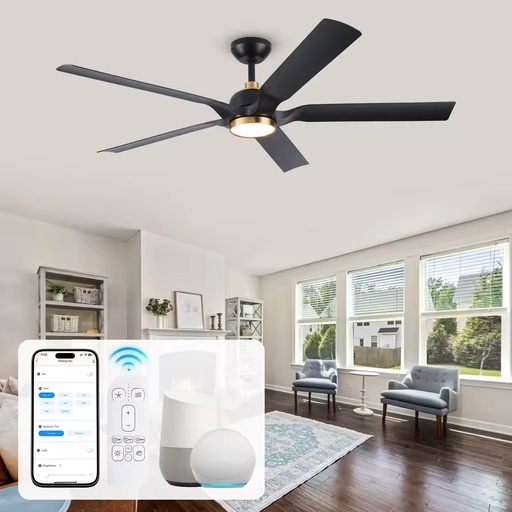BLDC Motor 60 Inch Smart LED Electric Ceiling Fan Alexa/App/Remote Control 5 ABS Blades Black Gold Finish Outdoor Energy Saving