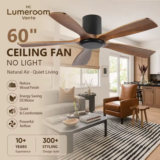 in Stock 60 Inch Flush Mount Ceiling Fan Without Light Solid Wood Ceiling Fan with Remote Quiet DC Motor