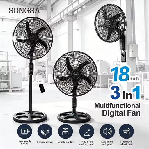 Heavy Duty 17.9-Inch Plastic Remote Control Adjustable Height Energy Efficient Oscillating Industrial Electric Standing Fan