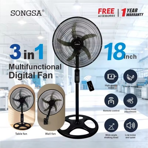 3 in 1 OEM Heavy Duty Remote Control Oscillating Electric Fan 18" Blade Diameter Low Noise Stand fan