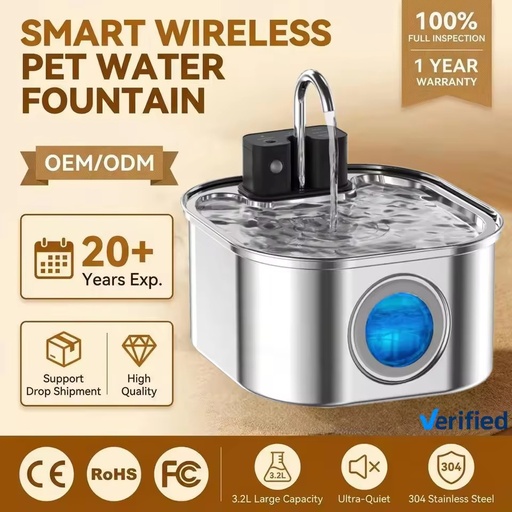 3.2L Portable Wireless Automatic Pet Water Fountain Low Noise Circulating Water Bowl Easy to Clean for Cats Small Medium Dogs