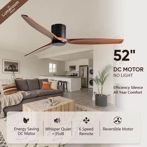 52 Inch Low Profile Ceiling Fan No Light with Remote Control 3 Solid Wood Blades Reversible DC Motor for Living Room