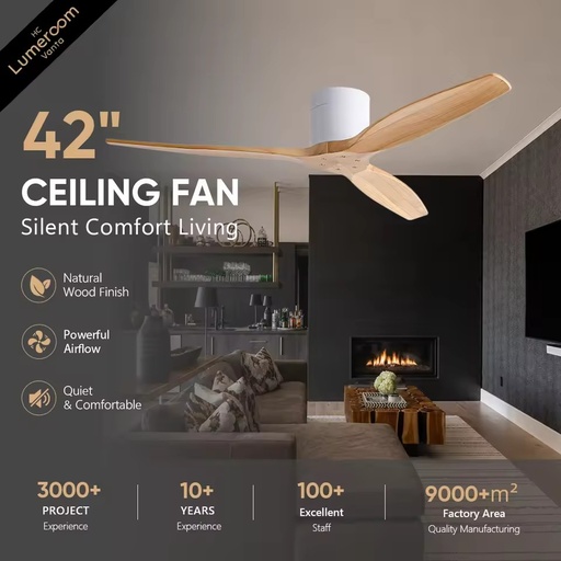 42 Inch Low Profile Ceiling Fan Without Light with 3 Solid Wood Blades White Flush Mount Fan for Bedroom