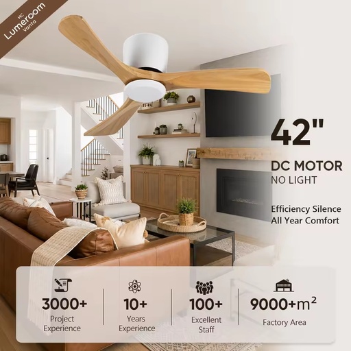 42 Inch Modern Wood Ceiling Fan No Light with Remote Control, Quiet DC Motor Indoor Ceiling Fan for Living Room Bedroom