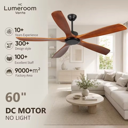 In Stock 60 Inch Solid Wood Ceiling Fan No Light Downrod Mount Remote Control Reversible DC Motor
