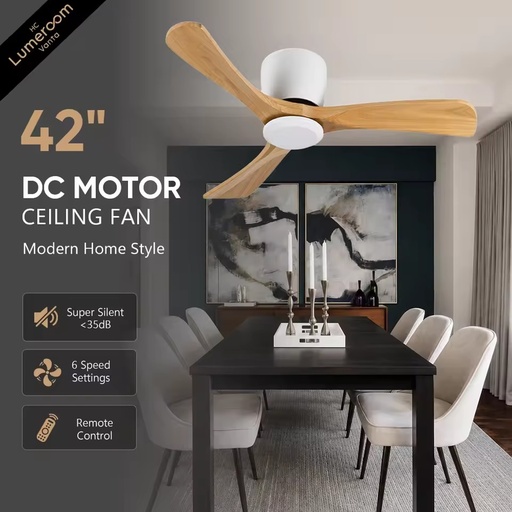 42 Inch Wood Ceiling Fan with Remote Control, Low Profile Quiet DC Motor Ceiling Fan for Bedroom Living Room Indoor