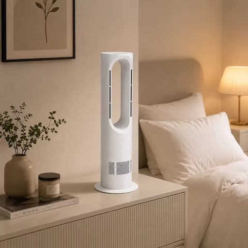 BSCI Certified PTC Ceramic 2 in 1 Heat and Cool 75° Oscillation Quiet Bladeless Heater Tower Fan for Household Use