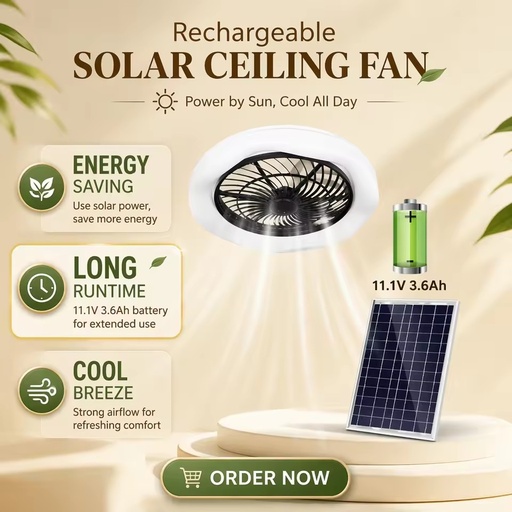 16 Inch BLDC Ceiling Fan with LED Light,Remote Control & Timer, AC DC Fan with Solar Panel Low Noise Household Hotel Office