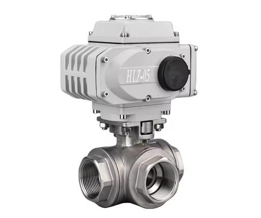 Electric Three-Way Threaded Stainless Steel Ball Valve High Temperature PTFE Sealing 1000WOG Pressure Rating 3/4" Model