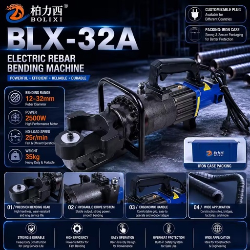 Professional 110V 220V BLX-32A Electric Hydraulic Rebar Bender 12-32mm Automatic Steel Bar Bending Machine 0-130 Degree Bolixi