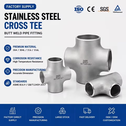 Stainless Steel 304 316L SCH40S Cross Connector 4 Way Butt Weld Pipe Fitting for 1" 4" Sizes