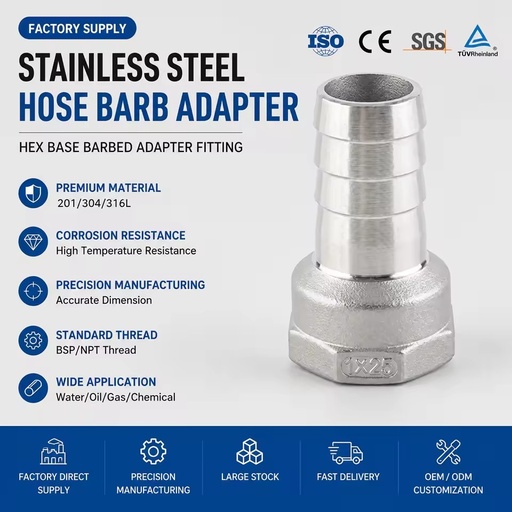 Stainless Steel Hose Barb Adapter 304 316L Hex Base Barbed Adapter 1x25mm Water Oil Gas Chemical ISO CE SGS Factory Direct