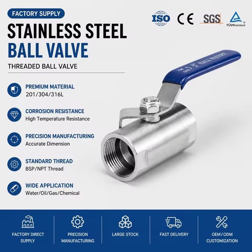 201 304 Stainless Steel Ball Valve Threaded Full Port for Water Oil Gas Industrial