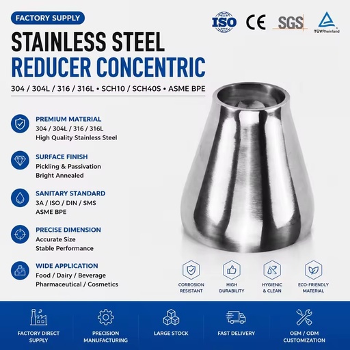 Stainless Steel Zinc Plated Sanitary Grade Welding Forged Concentric Inner Rough Polishing Outer Mirror Head Variable Diameter