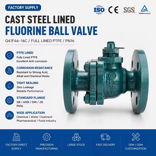 Q41F46 PTFE Lined Flanged Ball Valve Cast Steel Fluorine Lined Corrosion Resistant Chemical Industrial Valve