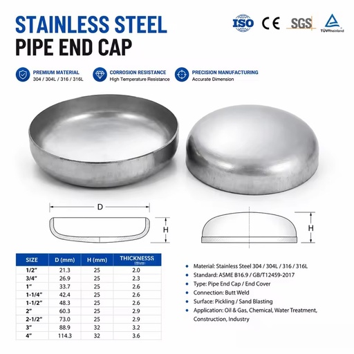 Customizable Wenzhou Seamless Stainless Steel 304/316 Welding Round End Cap Water Pipe Fittings
