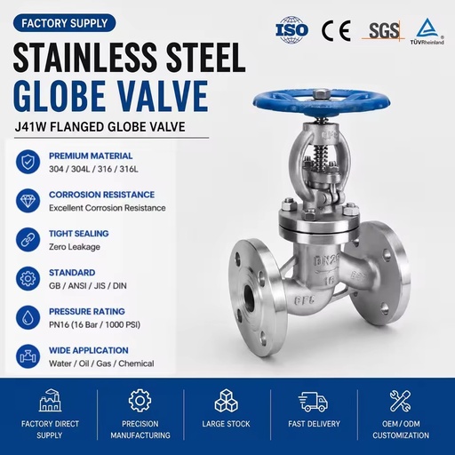 304 316L Stainless Steel Flanged Globe Valve J41W-16P25P40P Rising Stem Steam Water ANSI DIN JIS