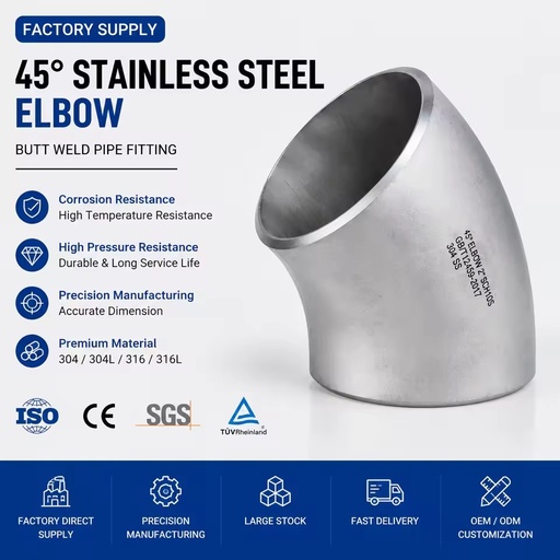 Factory Supply 304 316 Stainless Steel 45 Degree Elbow Butt Weld Pipe Fitting Industrial Tube Fitting Manufacturer
