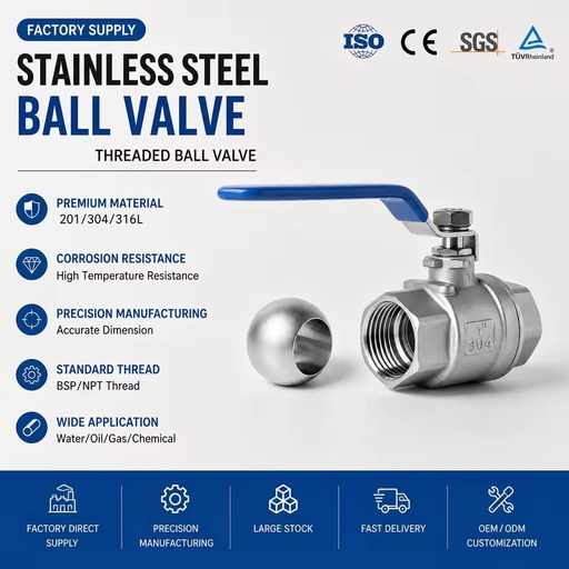 304 316L Stainless Steel Ball Valve 1 Inch Threaded Two Piece Full Port OEM Manual for Water Gas Oil