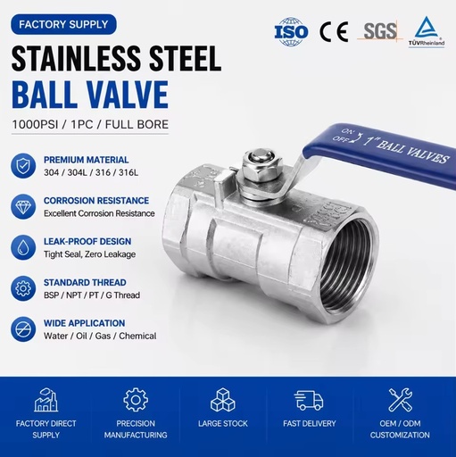 304/316L Stainless Steel Ball Valve 1000 WOG 1 Inch Threaded Full Port Water Oil Gas