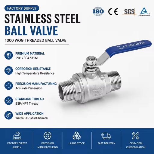 304 316L Stainless Steel Ball Valve Male Threaded Two Piece for Water Oil Gas