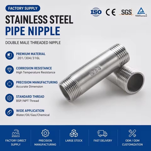 Stainless Steel Pipe Nipple 304 Double Male Threaded Nipple BSP NPT Factory Direct