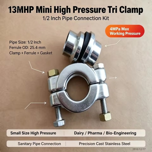 13MHP Sanitary Stainless Steel High Pressure Bolted Clamp Heavy Duty SS304 Tri Clover Clamp 3A/DIN Pipe Clamp with Brass Nut
