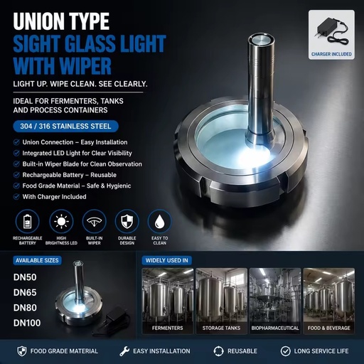 Sight Glass With LED Light Wireless DIN Union Type Flange Type Tank Components Inline Sight Glasses Lights