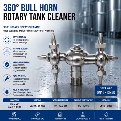 Universal 360° Auto Rotating Tank Wash Nozzle -1 Piece 304SS CIP Cleaning Spray Jet Rotary Cleaning Spray Head