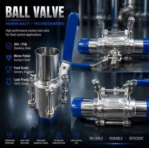SS316L 3 Pieces High Purity Extended Butt Welding Sanitary Ball Valve