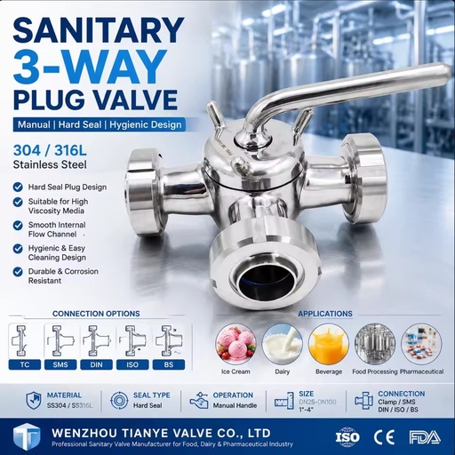 Dairy Stainless Steel Plug Valve Hygienic Plug Valves 2-Way 3-Way 304 316L DIN SMS ISO BS Accepts Customization