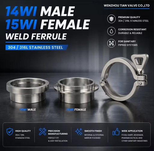14WI MALE 15WI FEMALE 13IS HEAVY CLAMP SET I-Line Ferrule Set 304 316L Stainless Steel Fittings