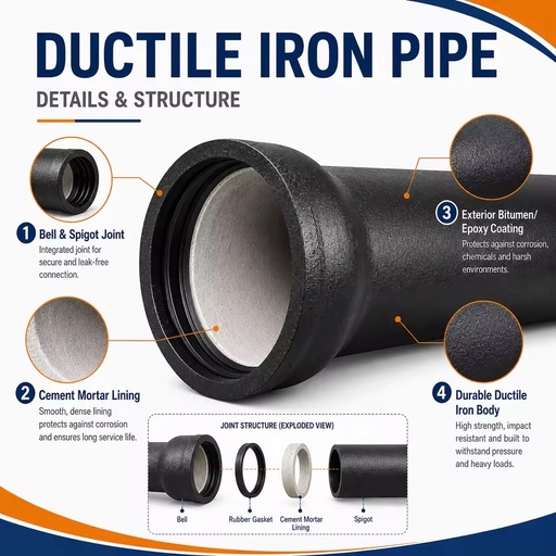 K7 K8 K9 C40 C30 C25 Seamless Ductile Iron Round Water Pipe for Pipeline Cutting